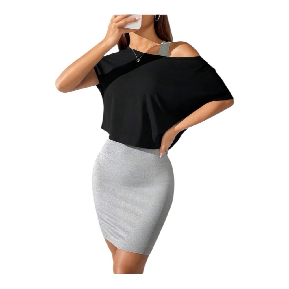 Color Ribbed Bodycon Tank Dress And Batwing Sleeve Set Size Large (8/10)